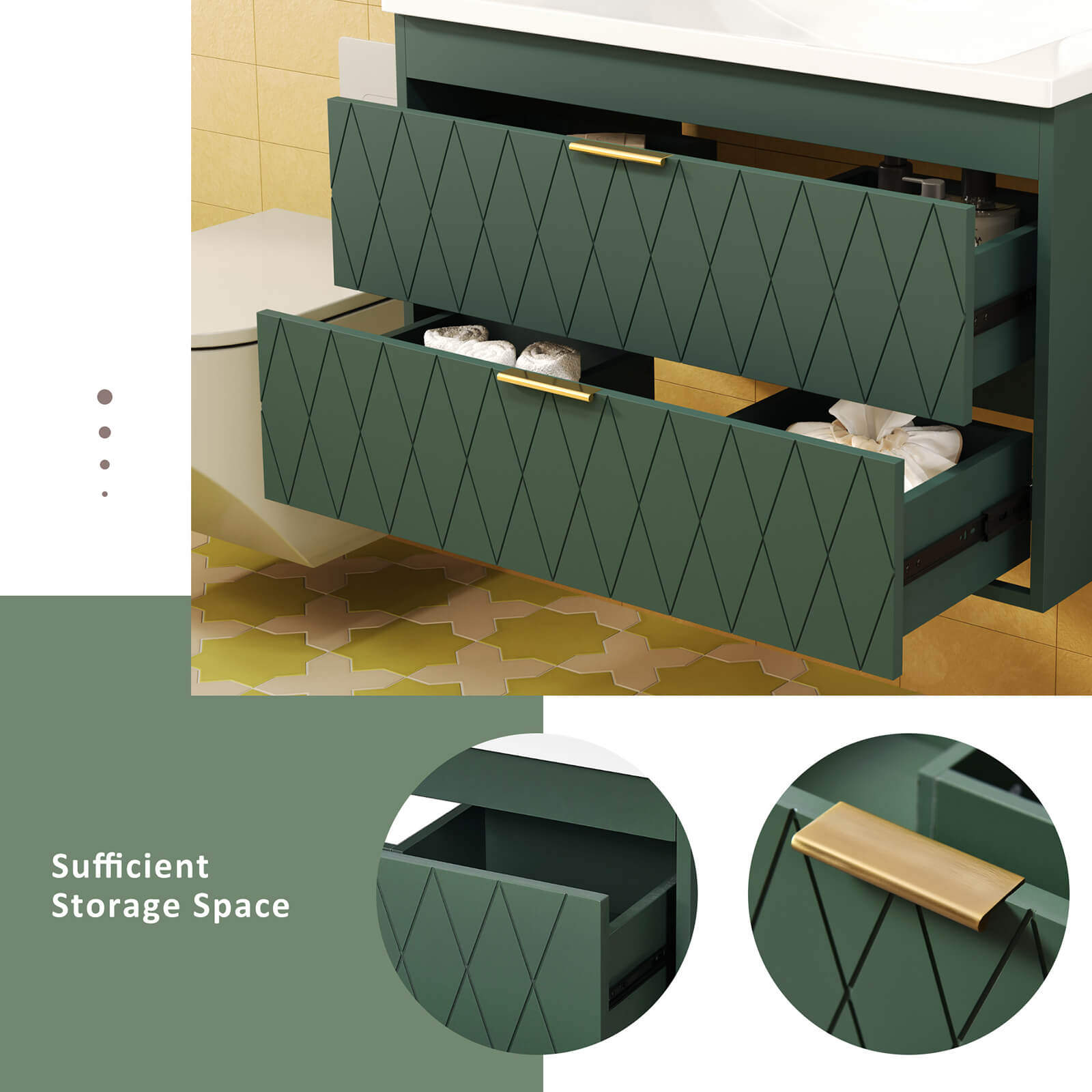 30 in drawer detail in green bathroom vanity with gold hardware