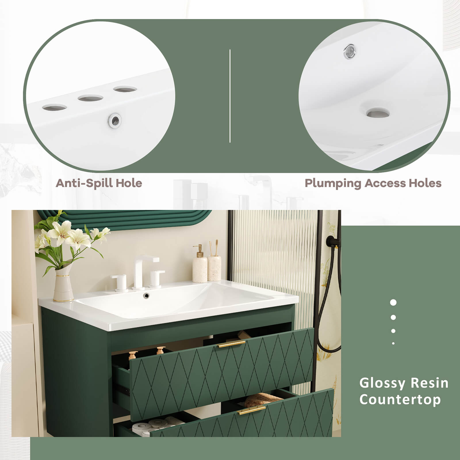 30 in with gold hardware green bathroom vanity cutout