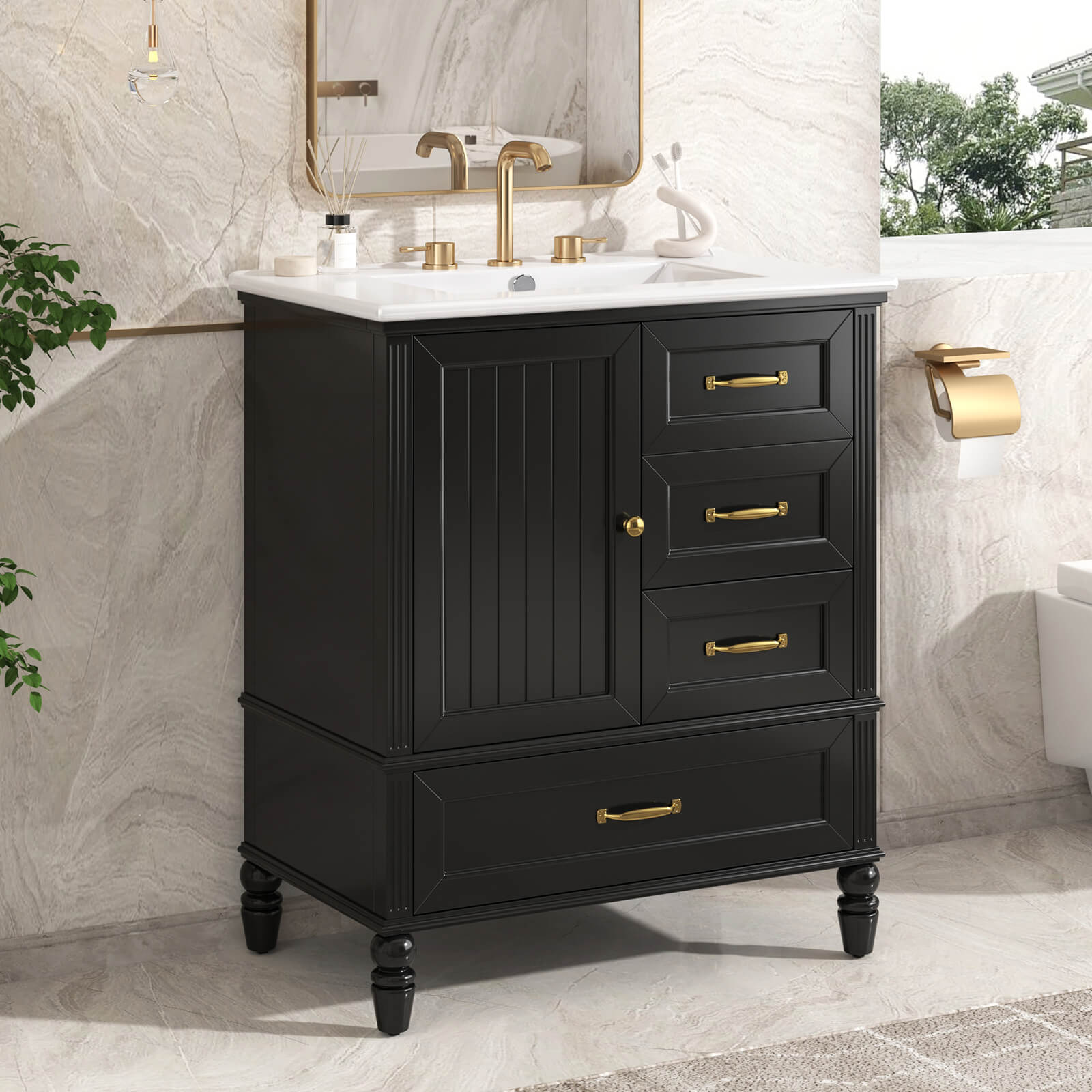 30 inch Black Acacia Wood Vanity with Bottom Drawers