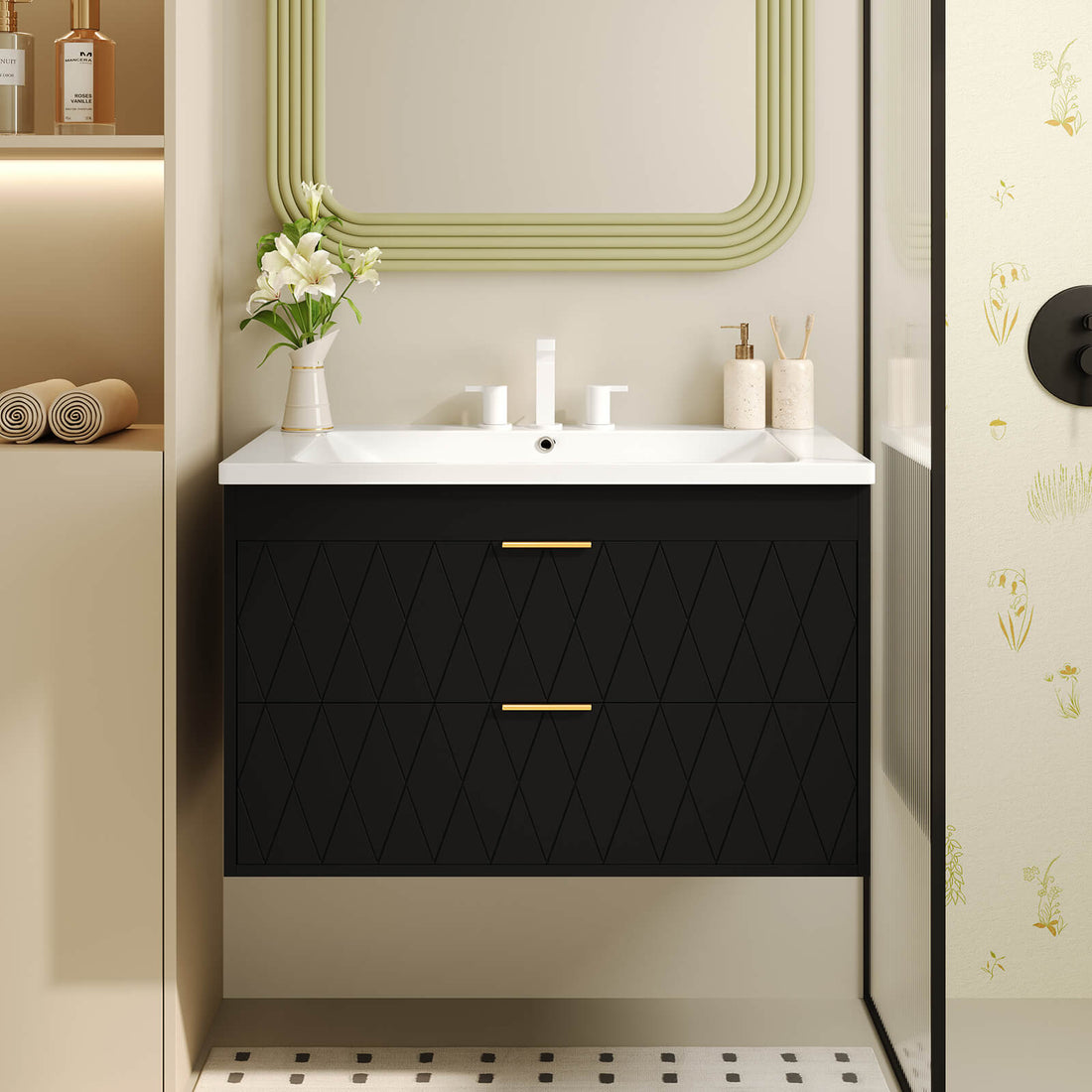 30 inch Black Bathroom Vanity with Gold Hardware