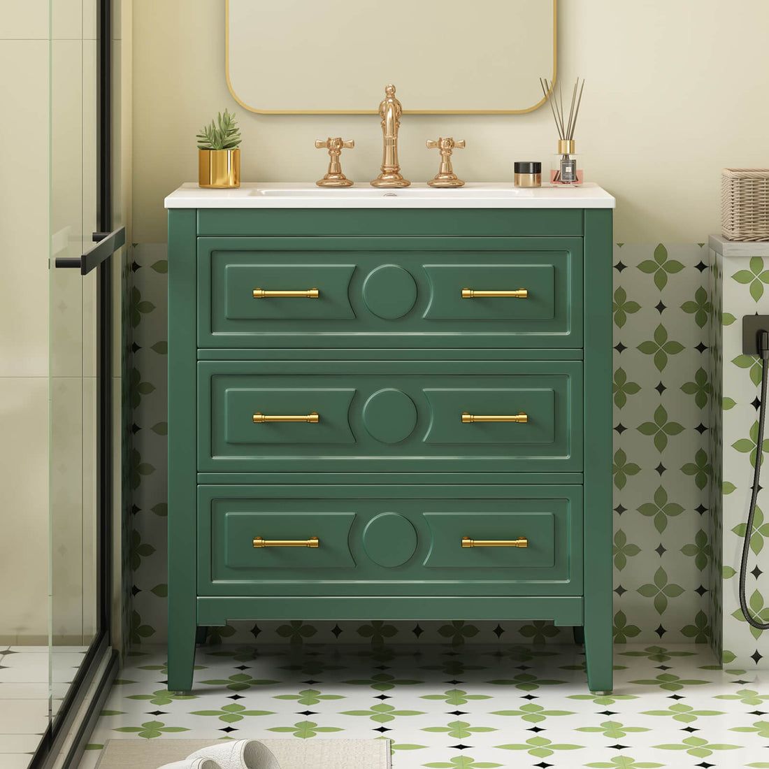 30 inch Green Vintage Bathroom Vanity with 3 Pre Drilled Holes