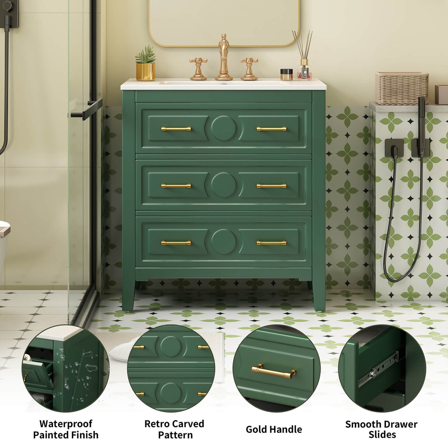 30 inch Vintage Bathroom Vanity with 3 Pre Drilled Holes Green Design Details