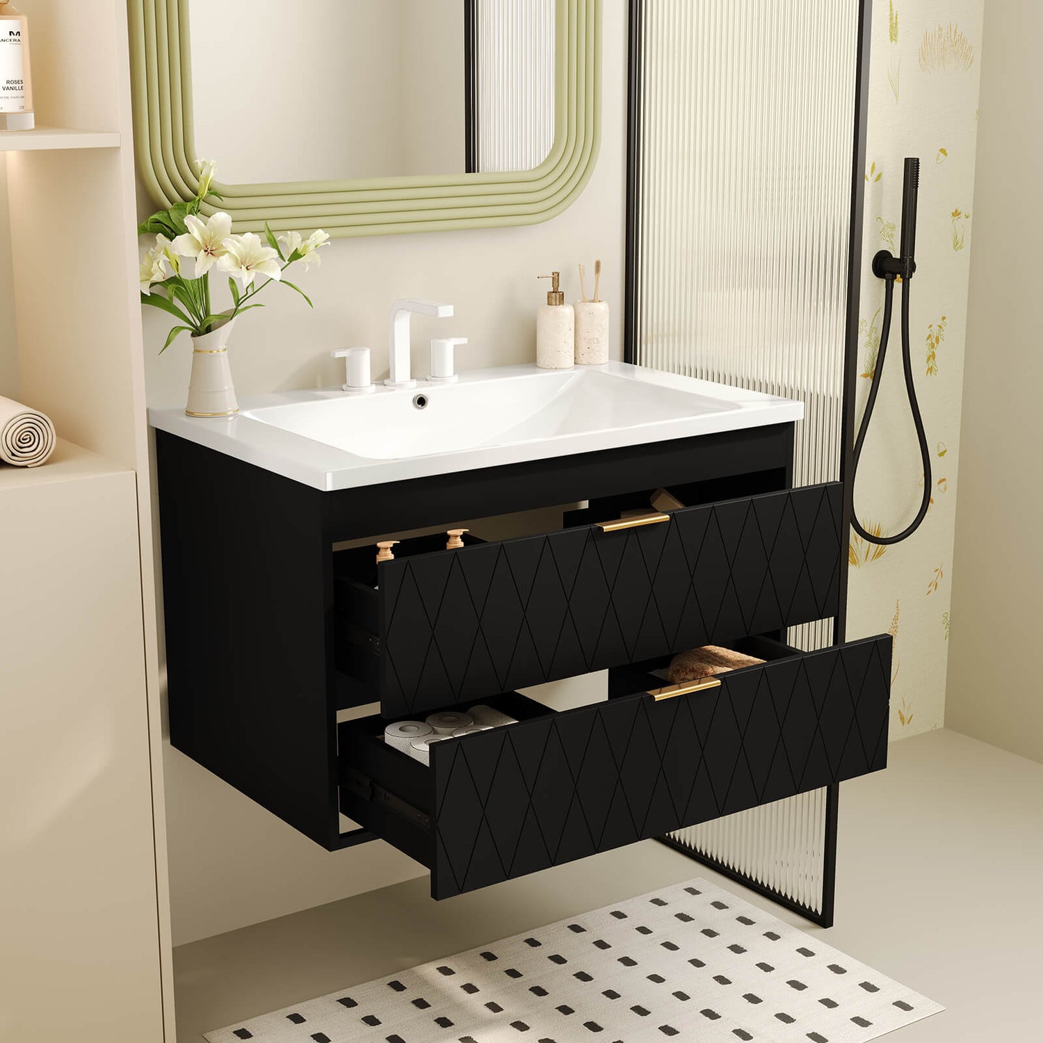 30 inch black bathroom vanity with gold hardware and resin basin