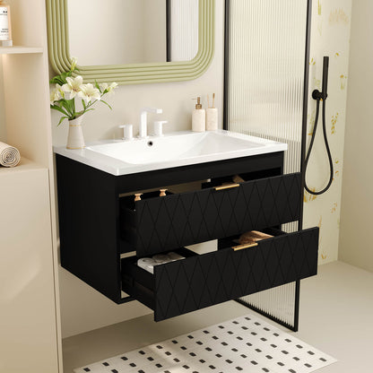 30 inch black bathroom vanity with gold hardware and resin basin