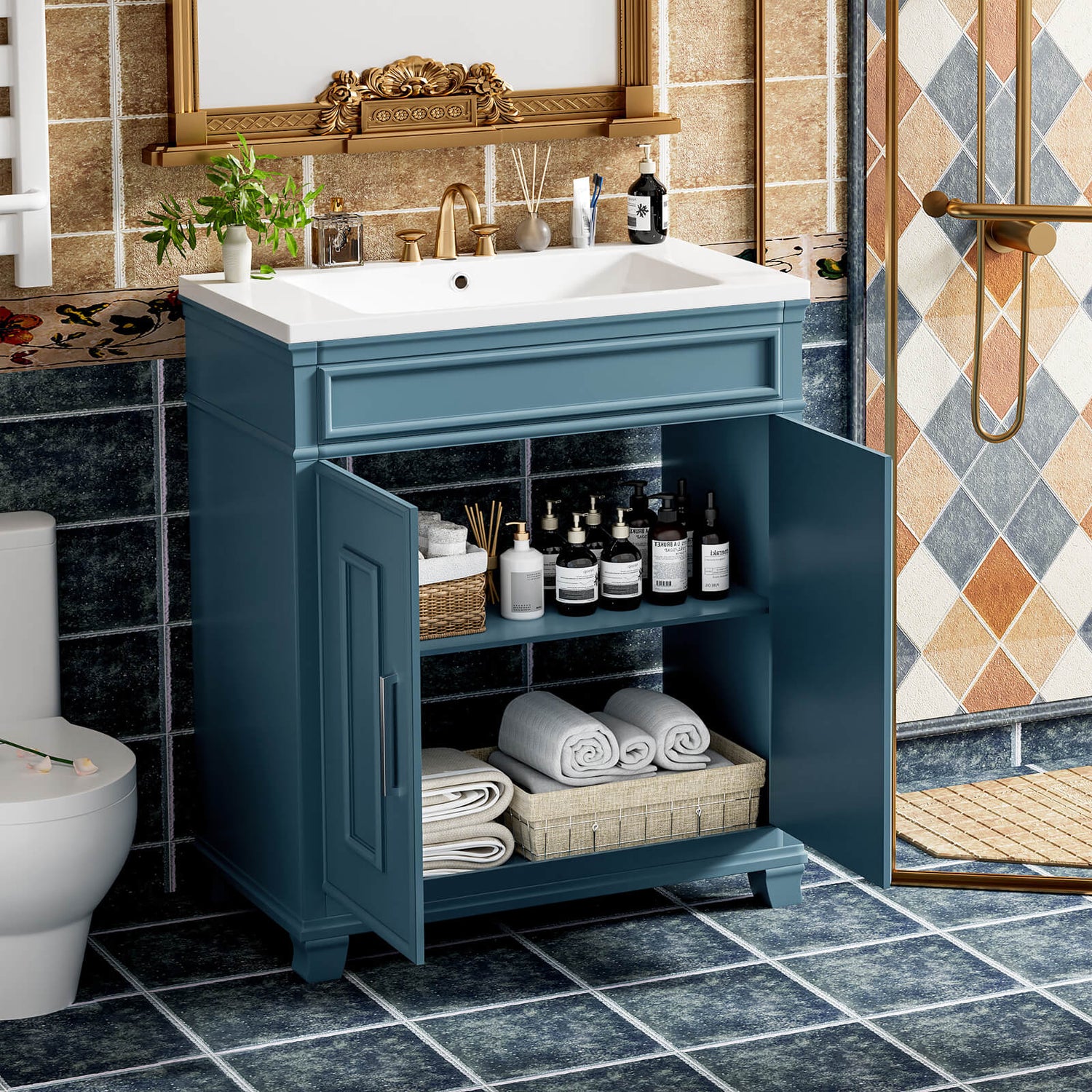 30 inch classic double door bathroom vanity with blue finish