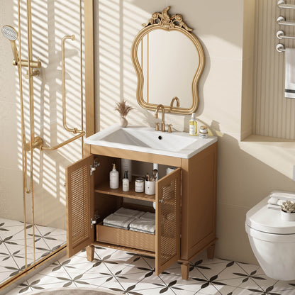 30 inch freestanding bathroom vanity with rattan door for rustic charm