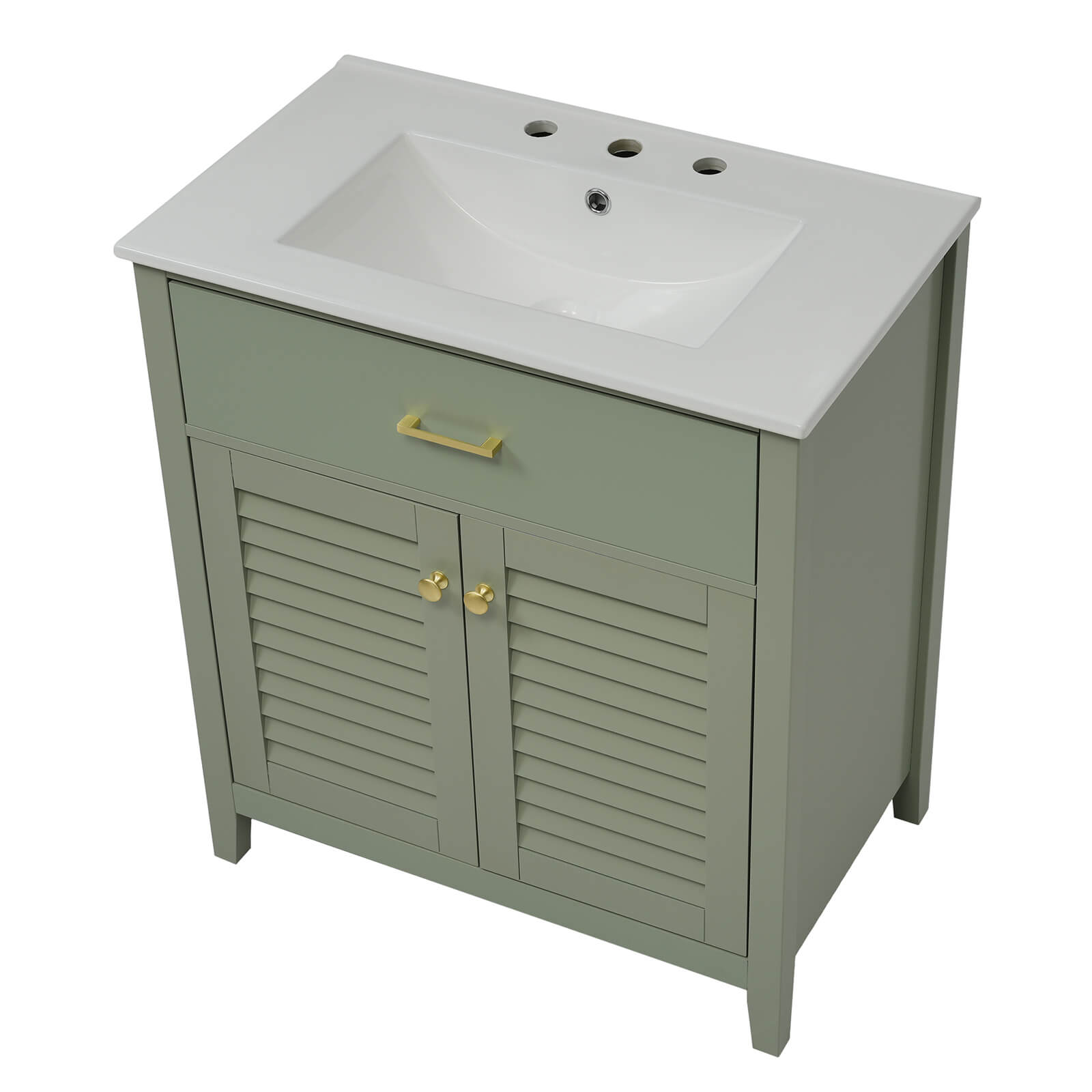 30 inch green bathroom vanity with chic louvered doors and luxury gold hardware