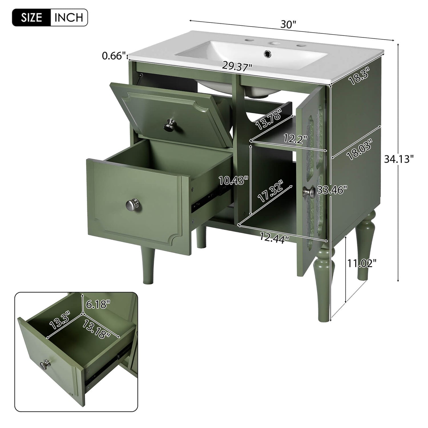 30 inch retro creative design bathroom vanity size specification chart