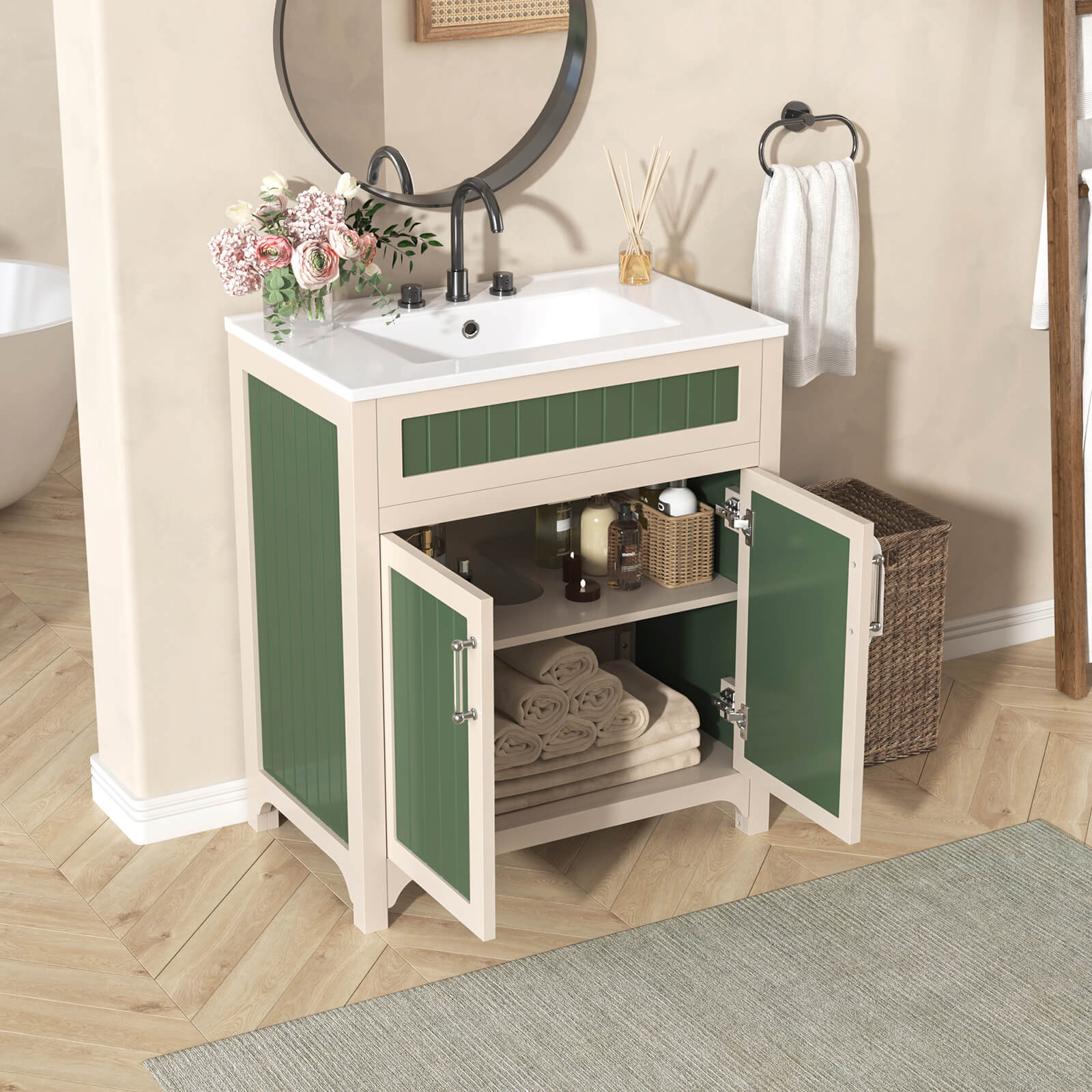 30 inch two tone bathroom vanity with beige and green finish