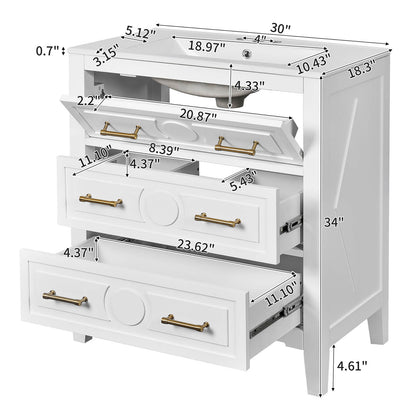 30 inch white vintage bathroom vanity with 3 pre drilled holes dimensions diagram