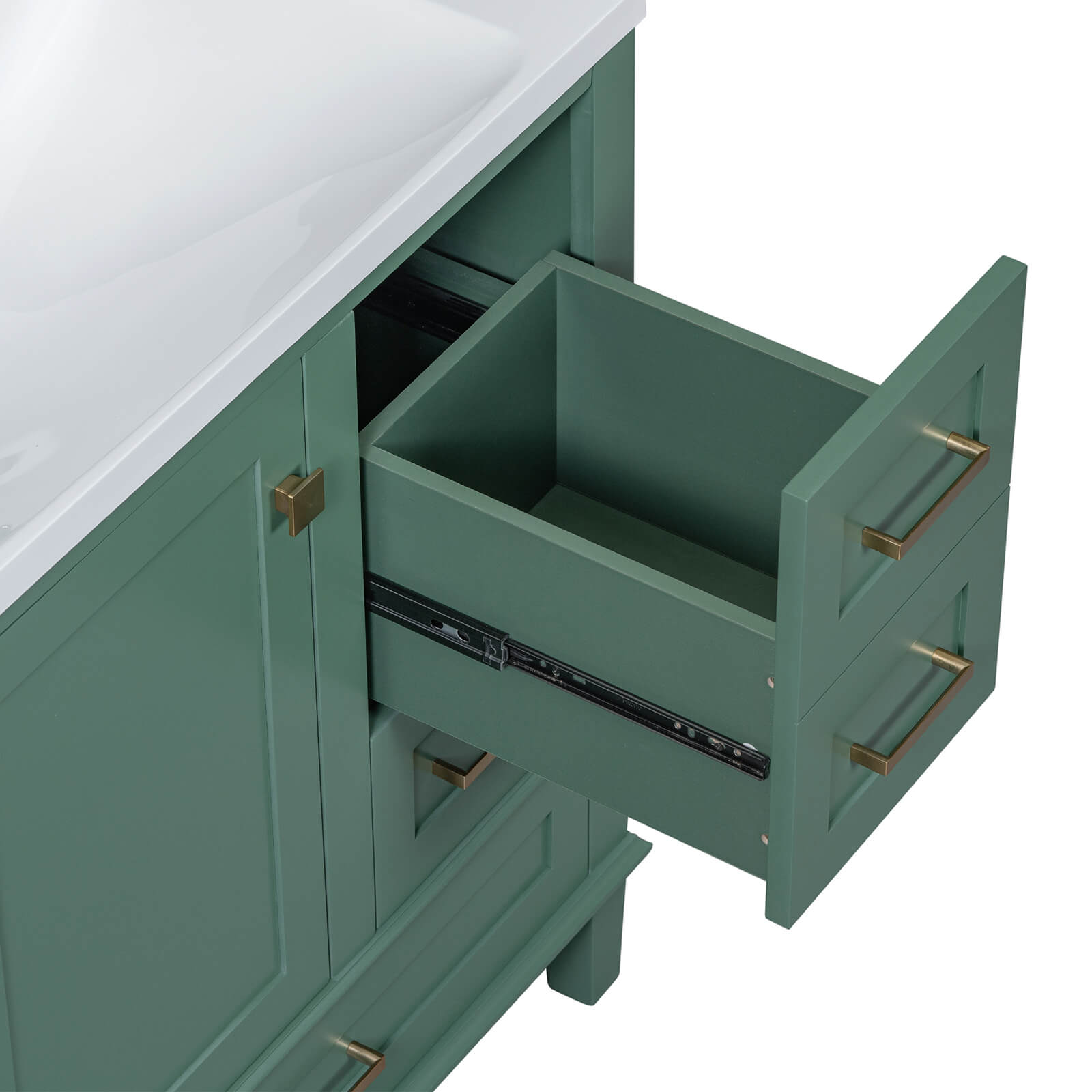 30-inch bathroom vanity with deep green finish and solid wood base