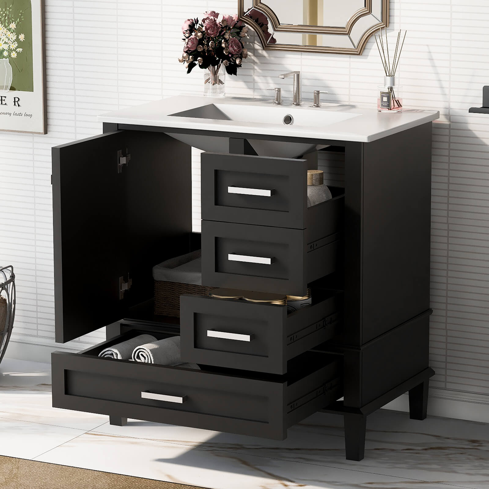 30-inch black solid wood vanity with white ceramic countertop and versatile storage options