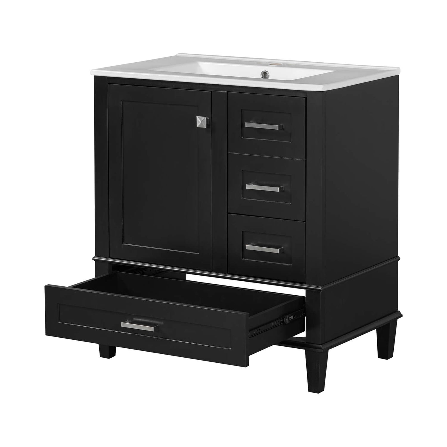 30-inch modern black vanity with white ceramic surface and practical drawer design