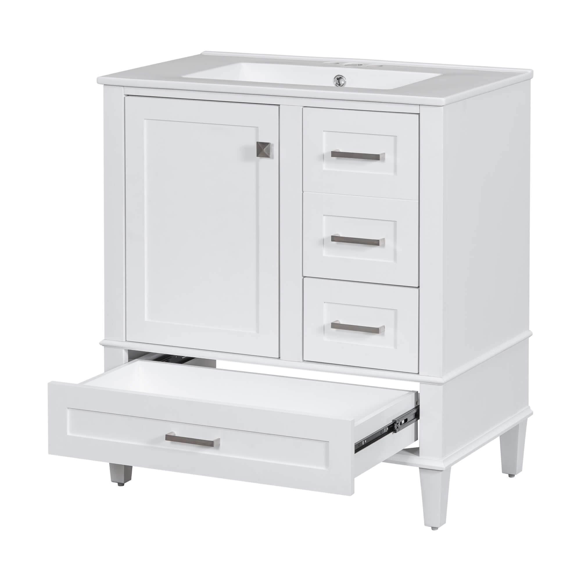 30-inch white bathroom vanity with top and four storage compartments