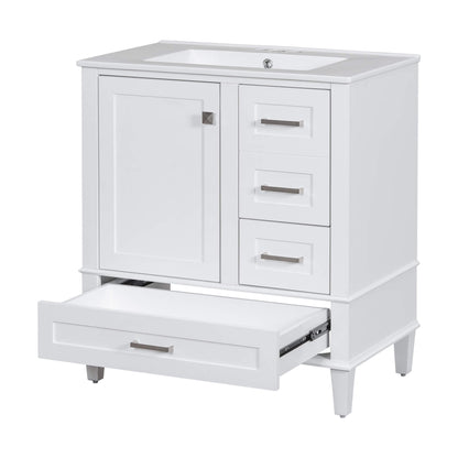 30-inch white bathroom vanity with top and four storage compartments