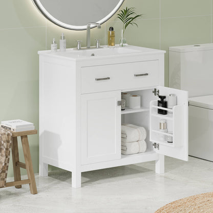 30-inch white vanity with ceramic undermount sink and multiple storage areas