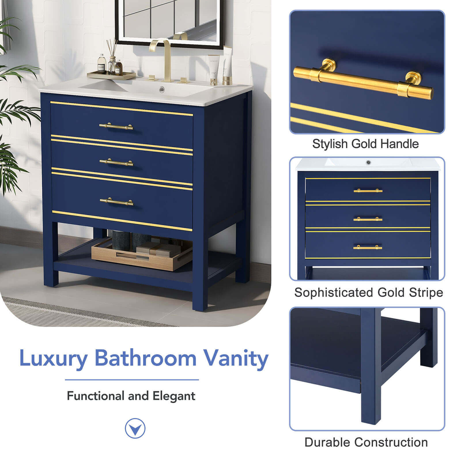 30 Inch Navy Modern Freestanding Bathroom Vanity Design Details