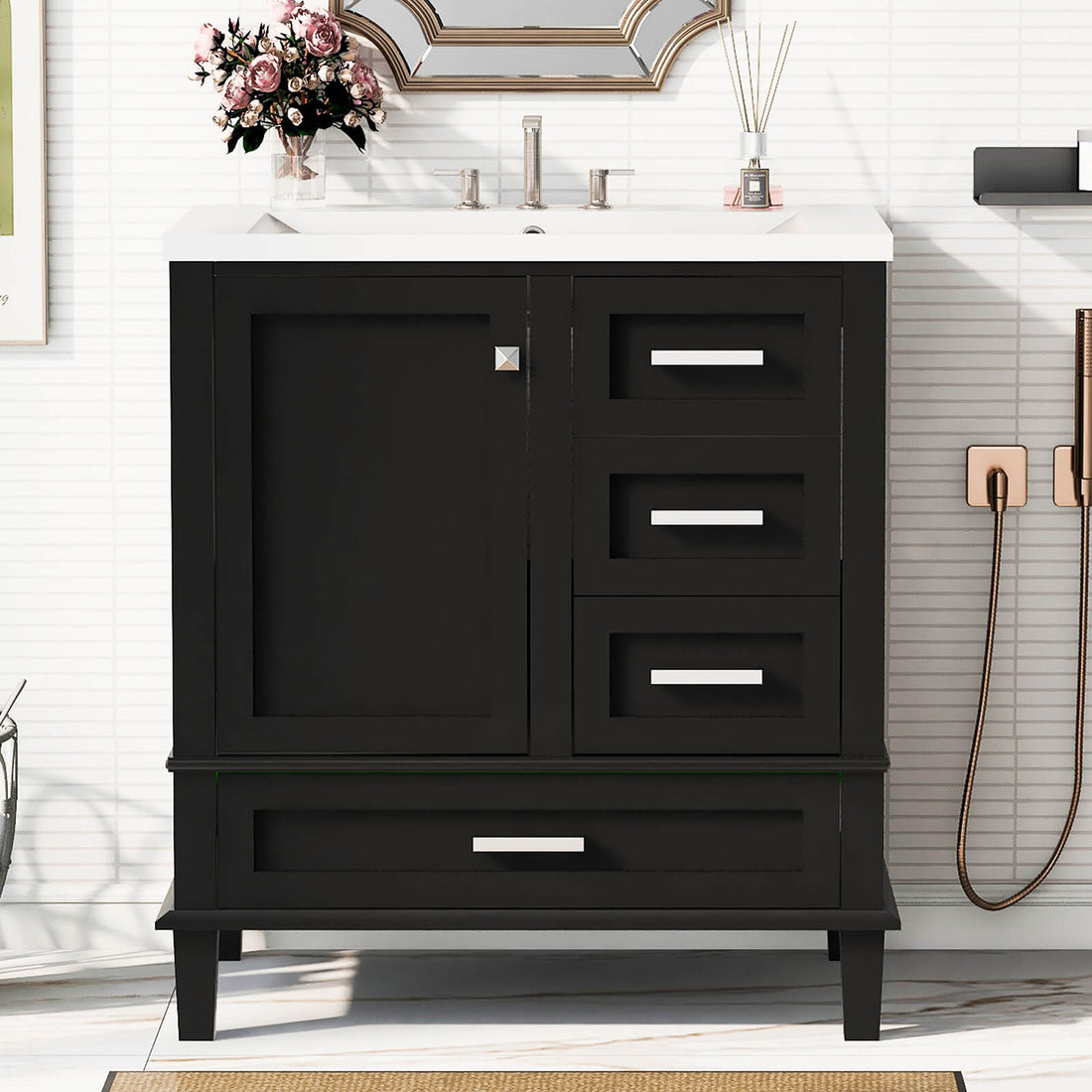 30 inch Black Solid Wood Bathroom Vanity with Top