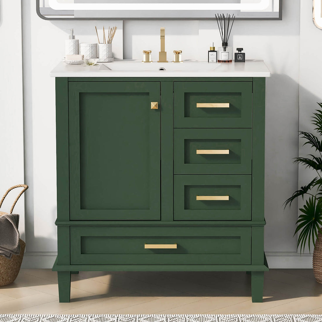 30 inch Dark Green Solid Wood Bathroom Vanity with Top