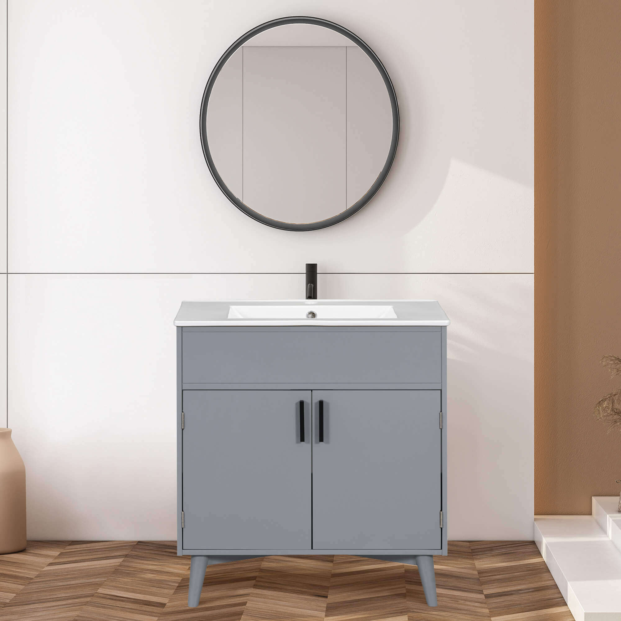 30 inch Gray Freestanding Solid Wood Bathroom Vanity