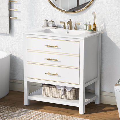 30 inch White Bathroom Vanity with 2 Drawers and Bottom Space