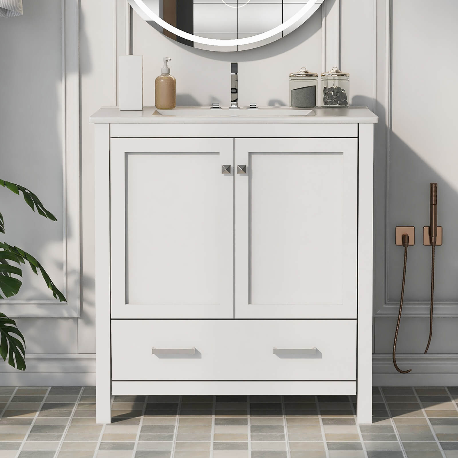 30 inch White Bathroom Vanity with Built-In Shelf