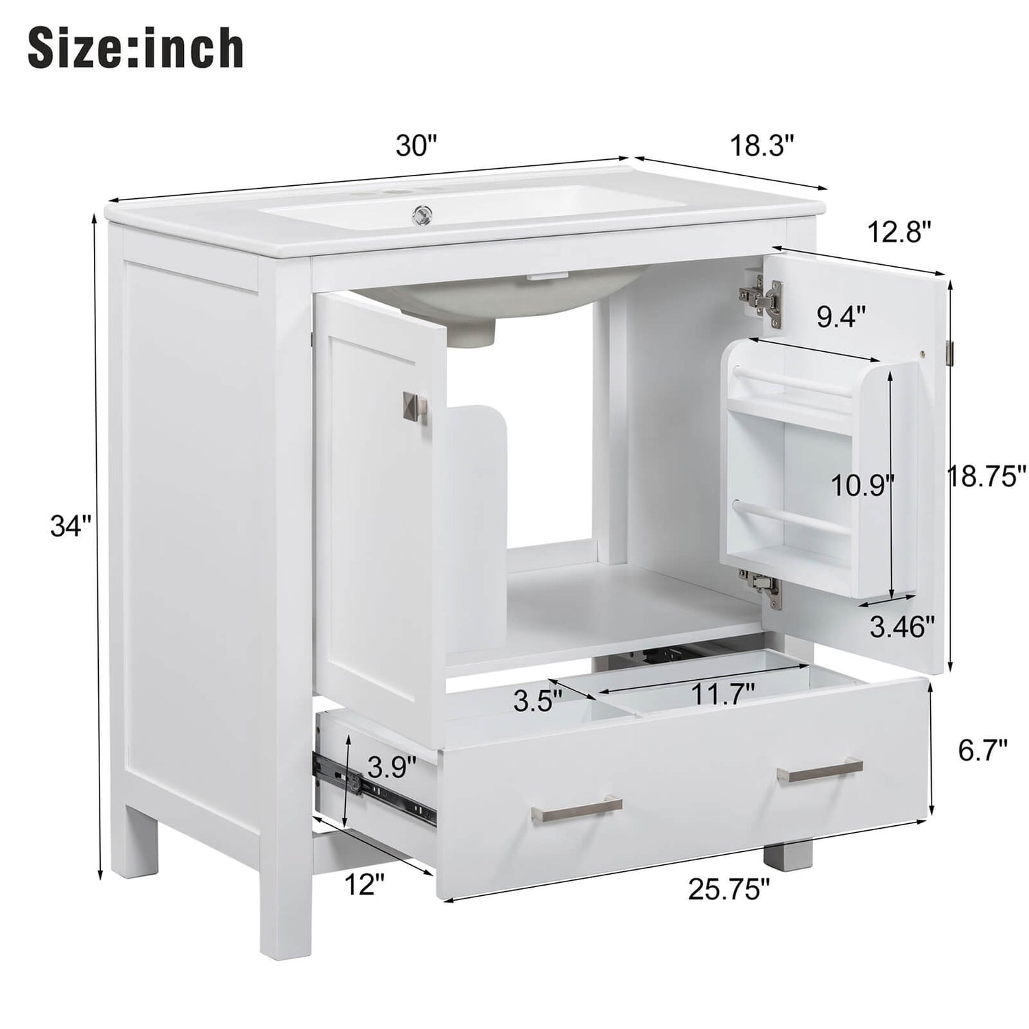 30 inch White Bathroom Vanity with Built-in Shelves Overall Specs