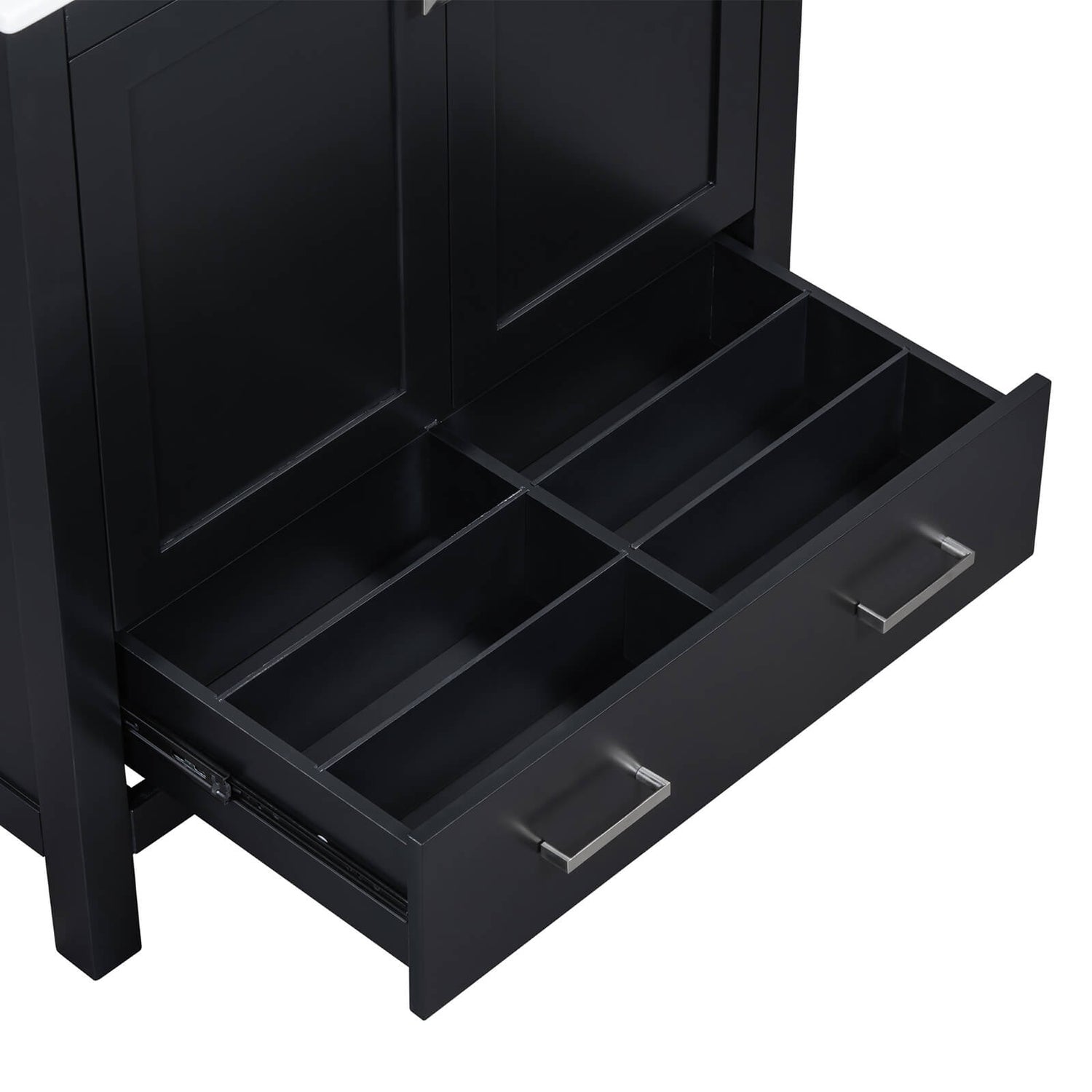 30 inch sleek black vanity with organized drawer compartments