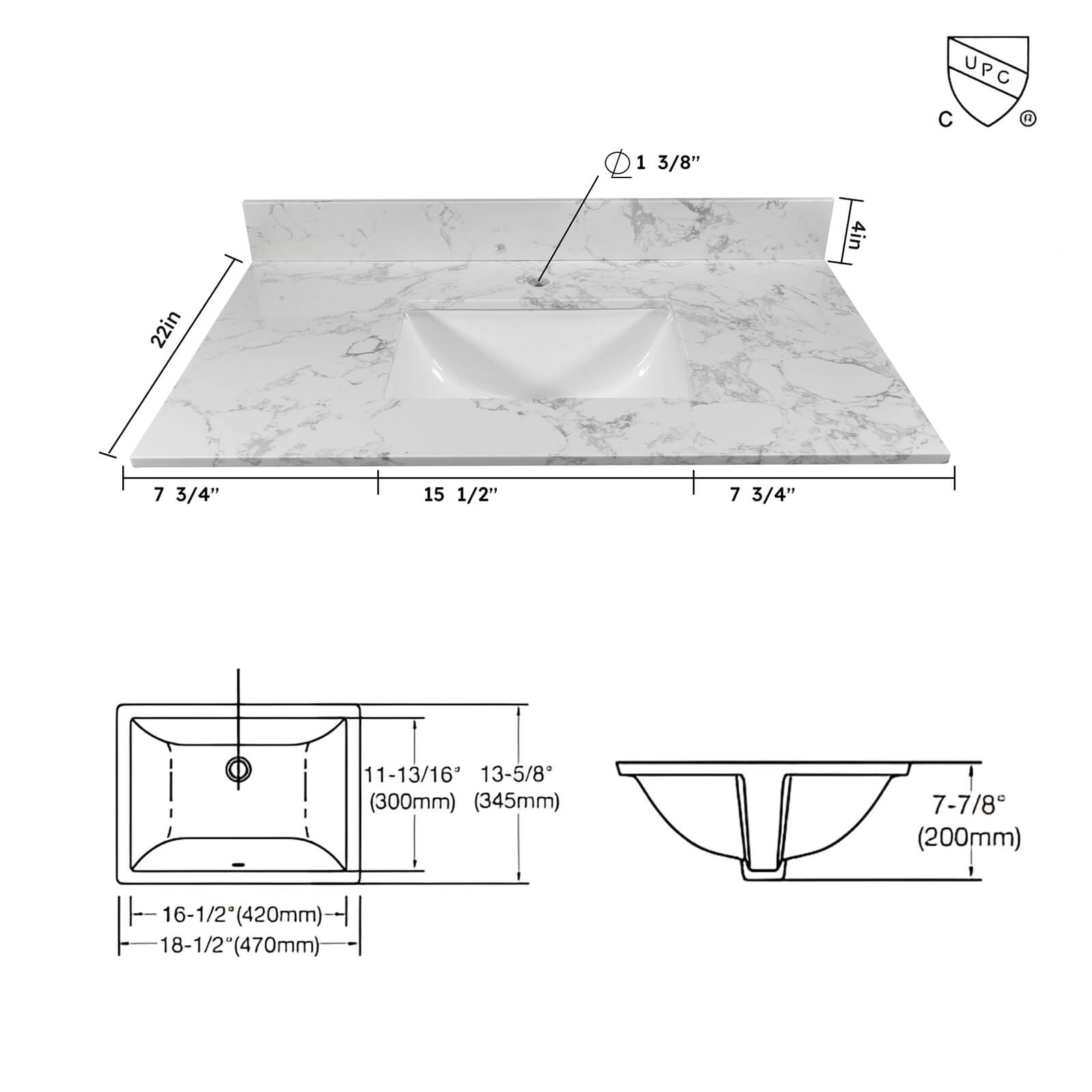 31 x 22 undermount ceramic sink with integrated marble top dimensions specs chart