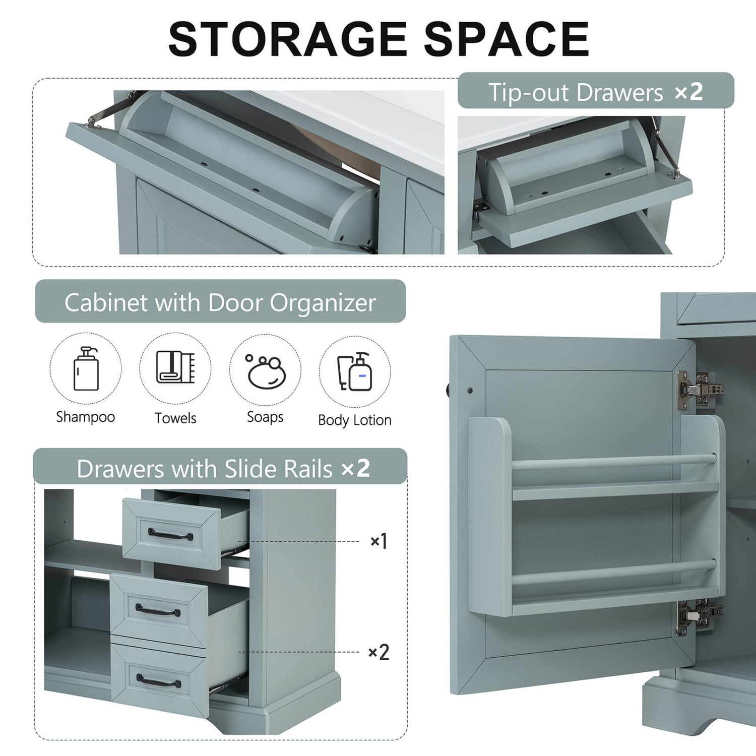 36 Grey Green Bathroom Vanity Storage with Rubberwood Frame