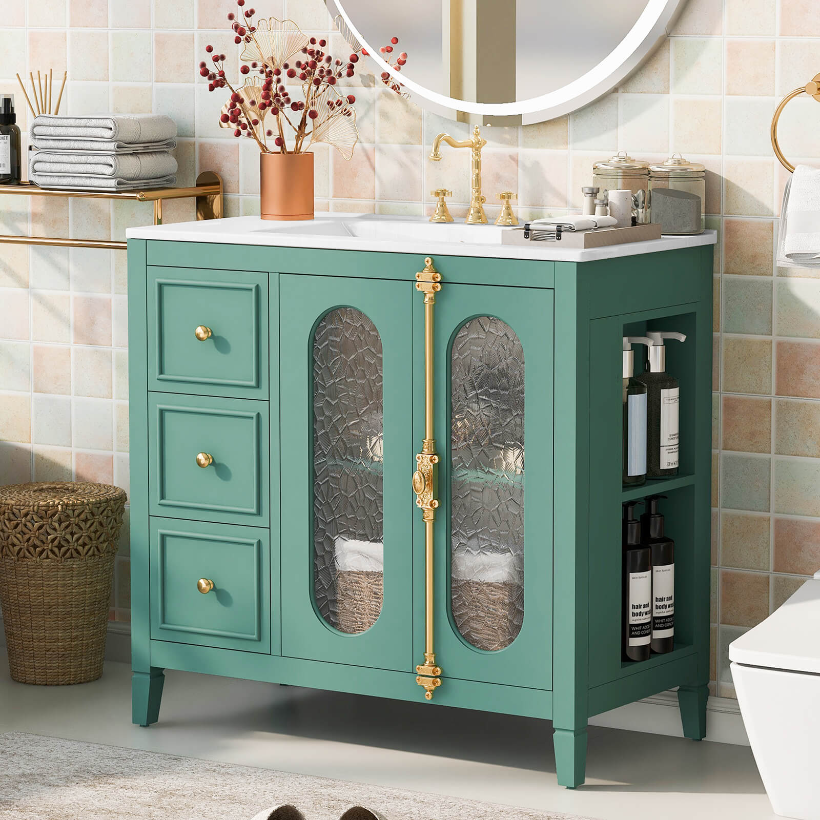 36 IN Bathroom Vanity with Water Wave Glass Doors and Gold Accents