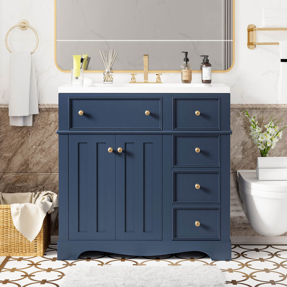 36 IN Blue Bathroom Vanity with Right Side Drawer