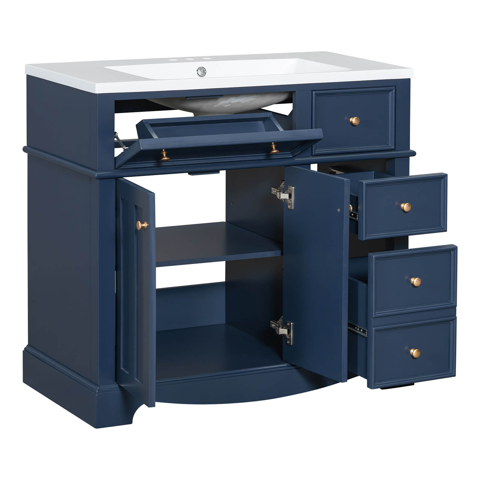 36 IN blue freestanding vanity with premium stainless steel hinges for durability