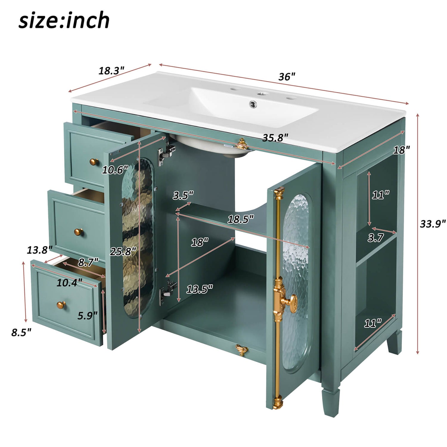 36 Inch Bathroom Vanity with Water Ripple Glass Door Dimensions Specifications