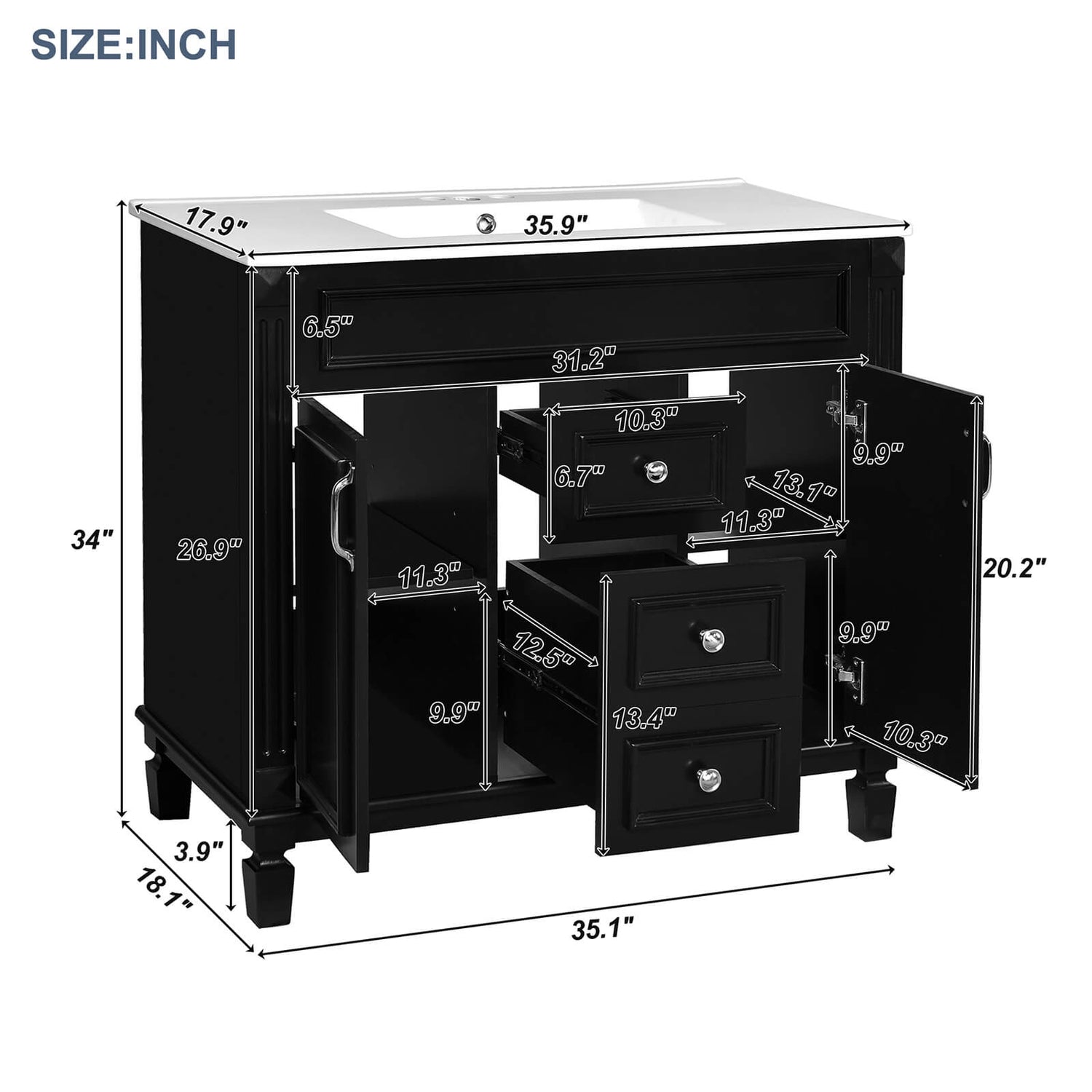 36 Inch Modern Black Floor Standing Bathroom Vanity Dimensions Specifications