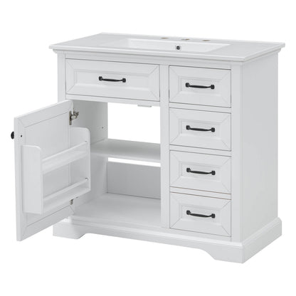 36 Inch White Bathroom Vanity with Ample Storage and Adjustable Shelves