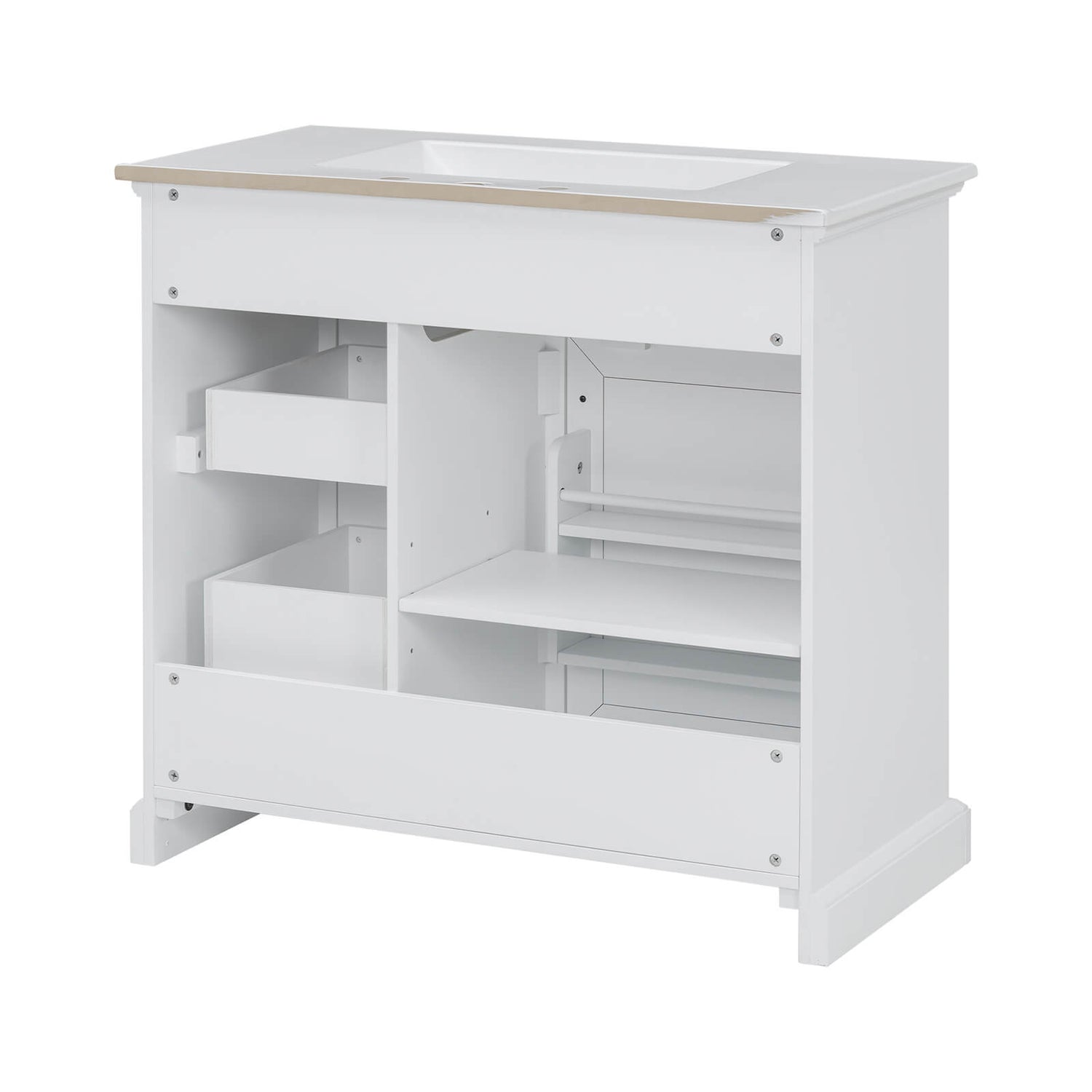 36 Inch White Bathroom Vanity with Metal Handles and Rubberwood Frame