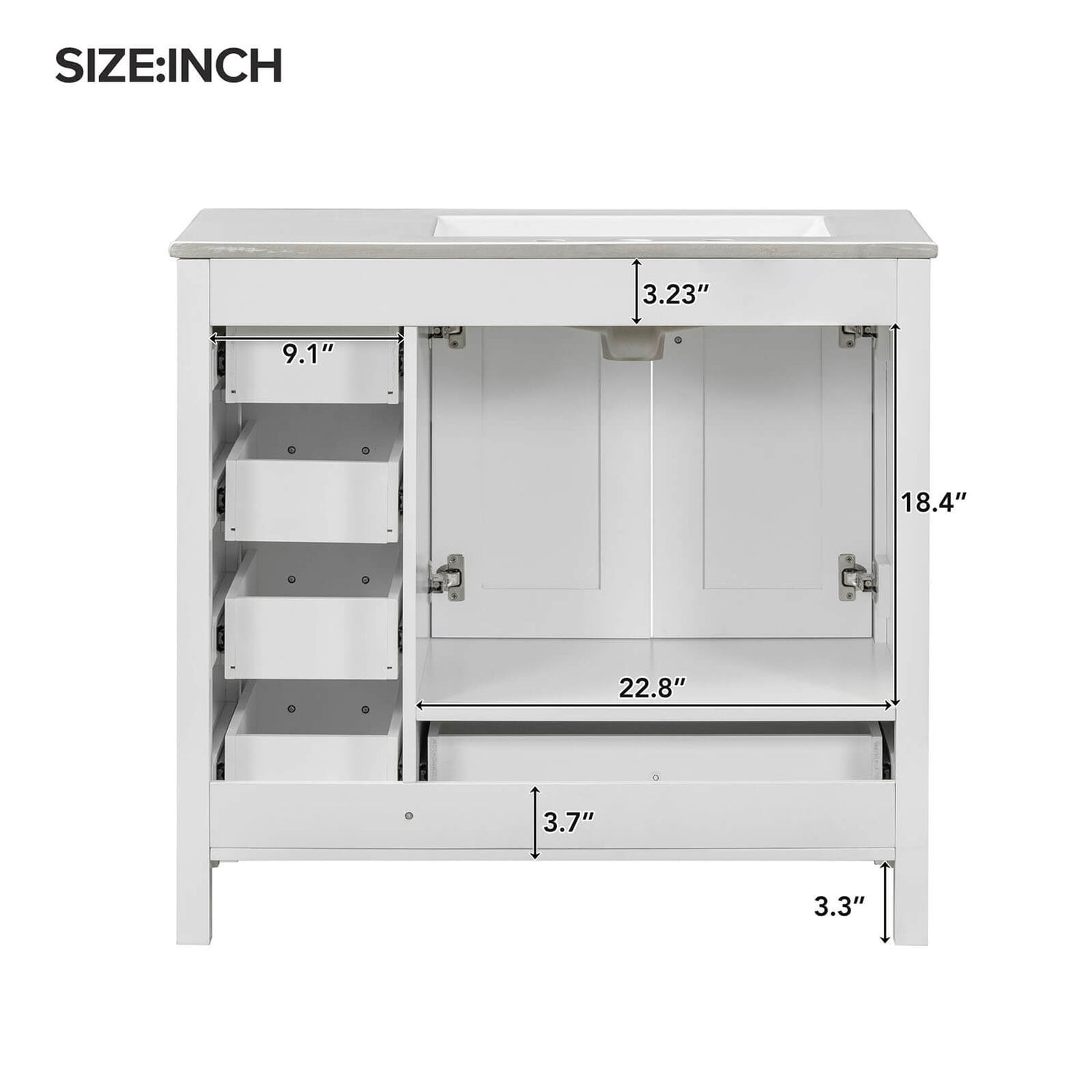 36 White Bathroom Vanity Back Dimensions with Drawers Right Side