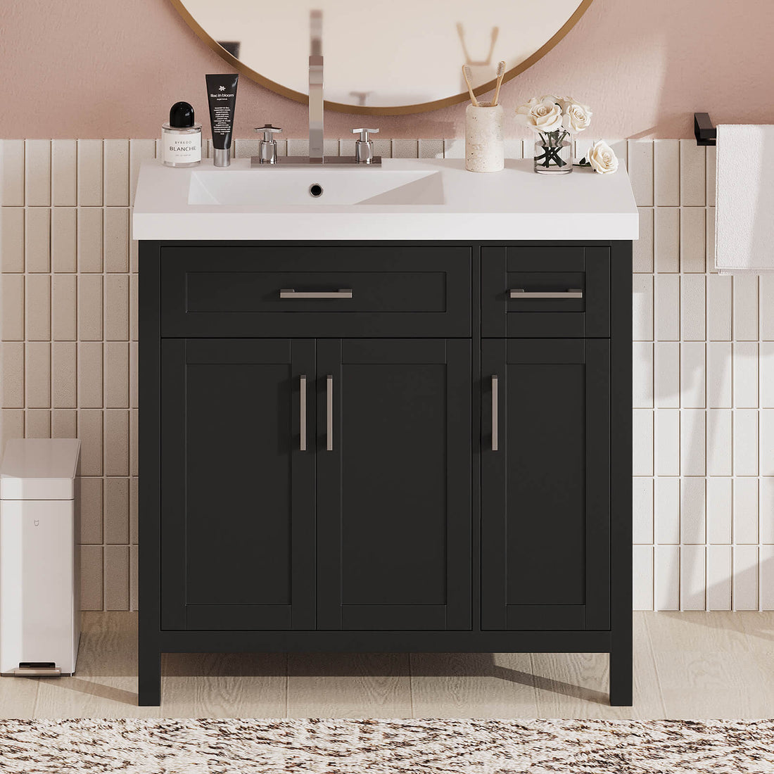 36 in Black Bathroom Vanity with Left Offset Sink