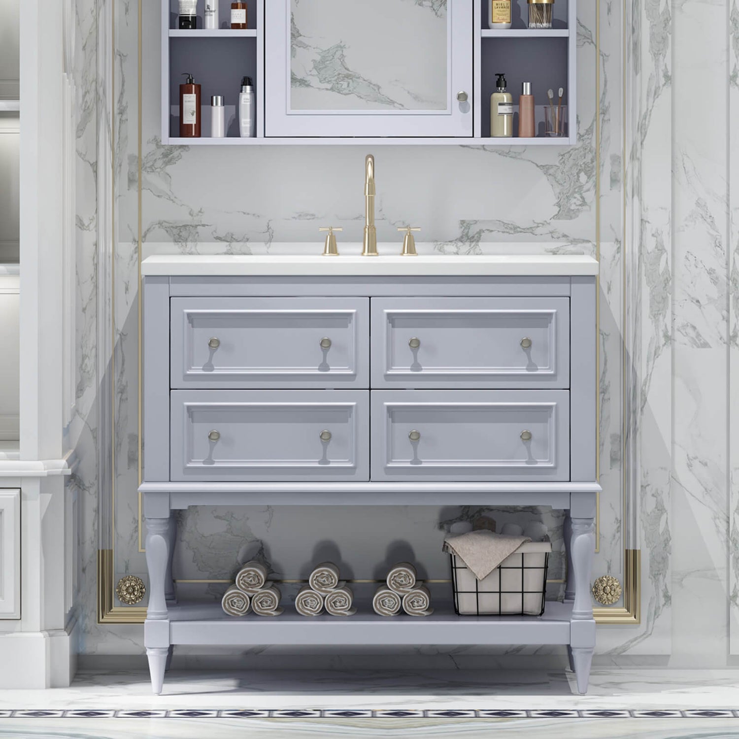 36 in Light Blue Bathroom Vanity with Open Bottom