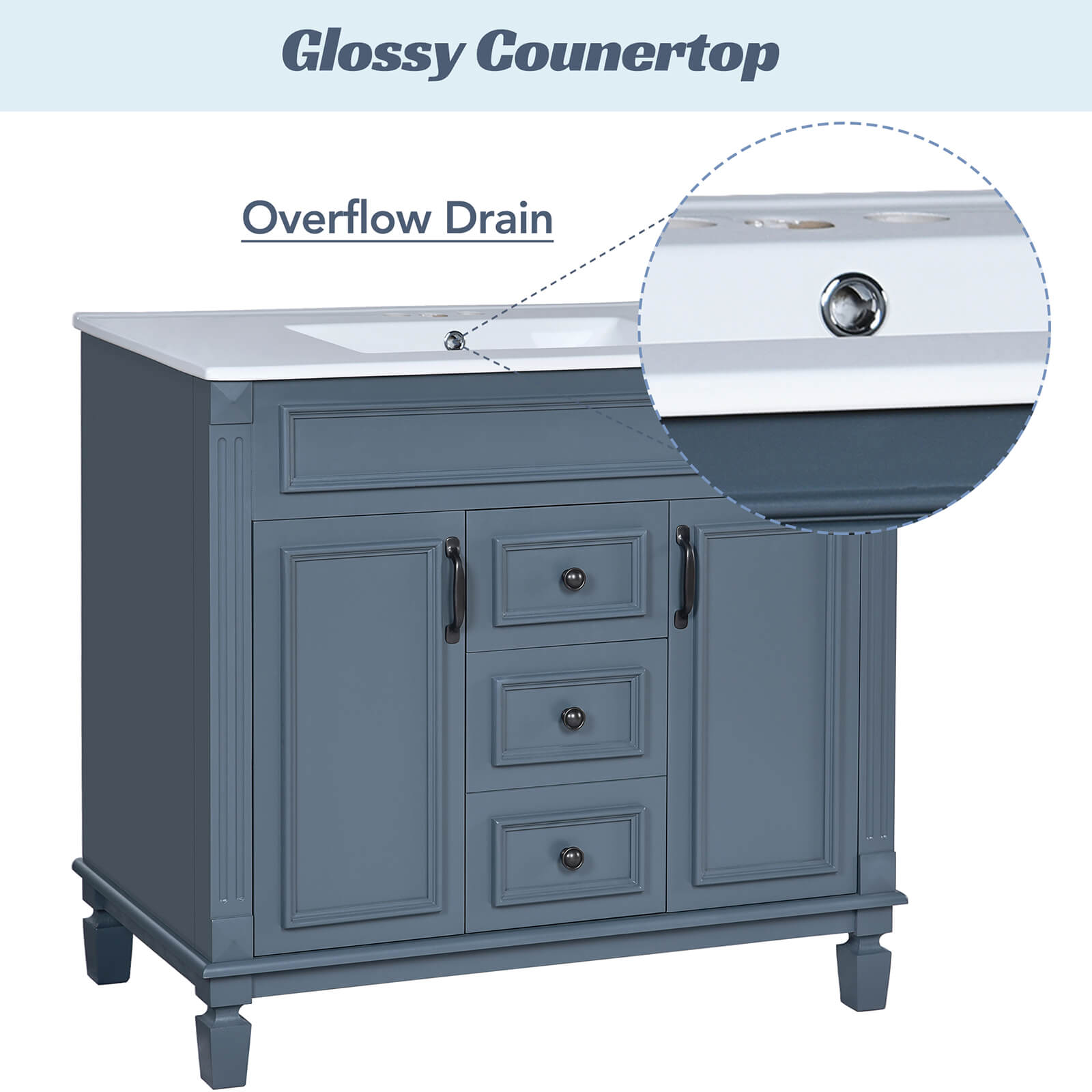 36 in Modern Blue Floor Standing Bathroom Vanity with Overflow