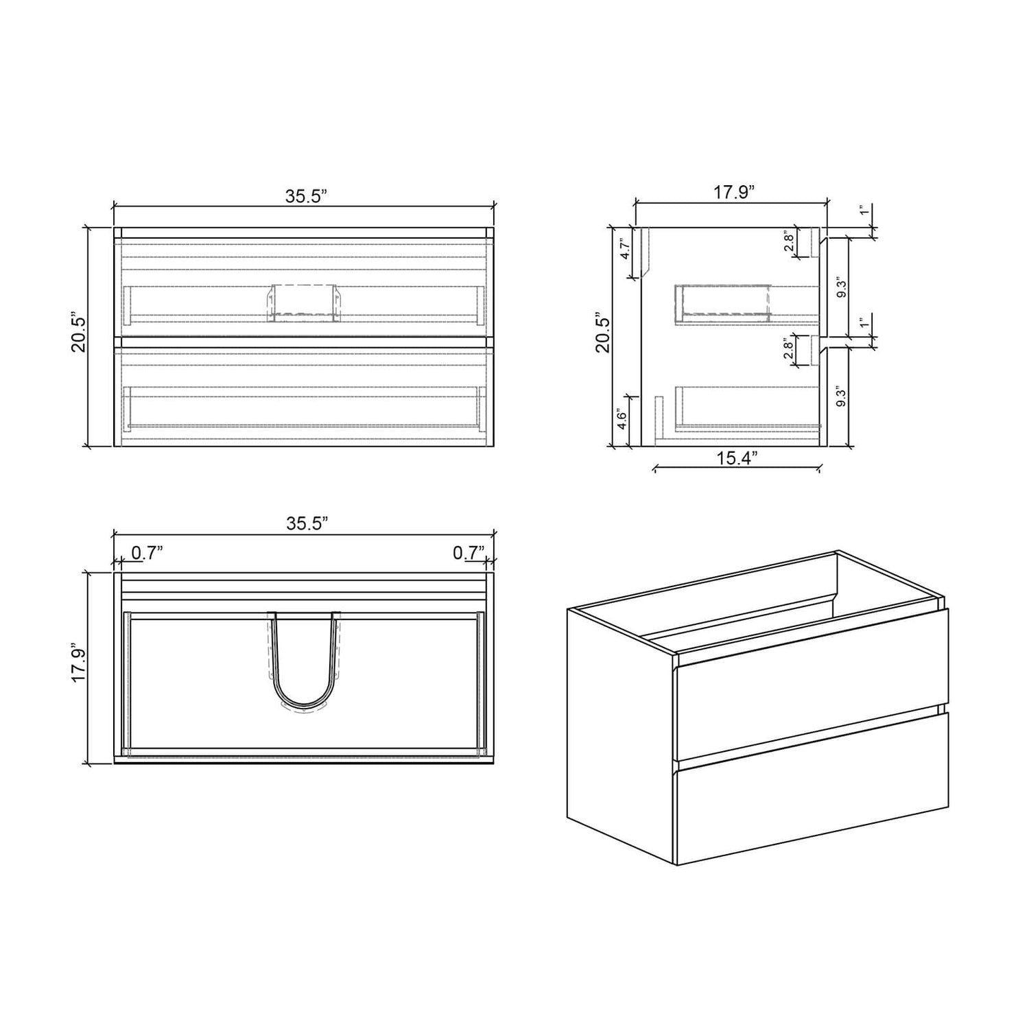 36 in Walnut Bathroom Vanity with Integrated Black Basin Dimensional Sketchup