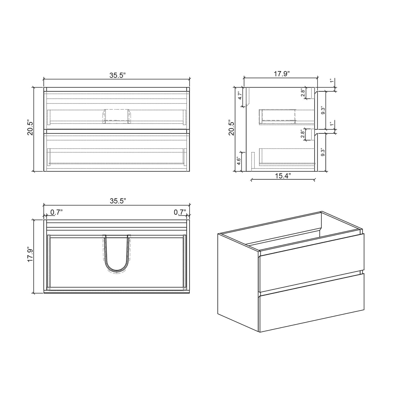 36 in Walnut Bathroom Vanity with Integrated Black Basin Dimensional Sketchup