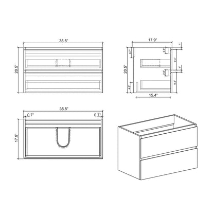 36 in Walnut Bathroom Vanity with Integrated Black Basin Dimensional Sketchup