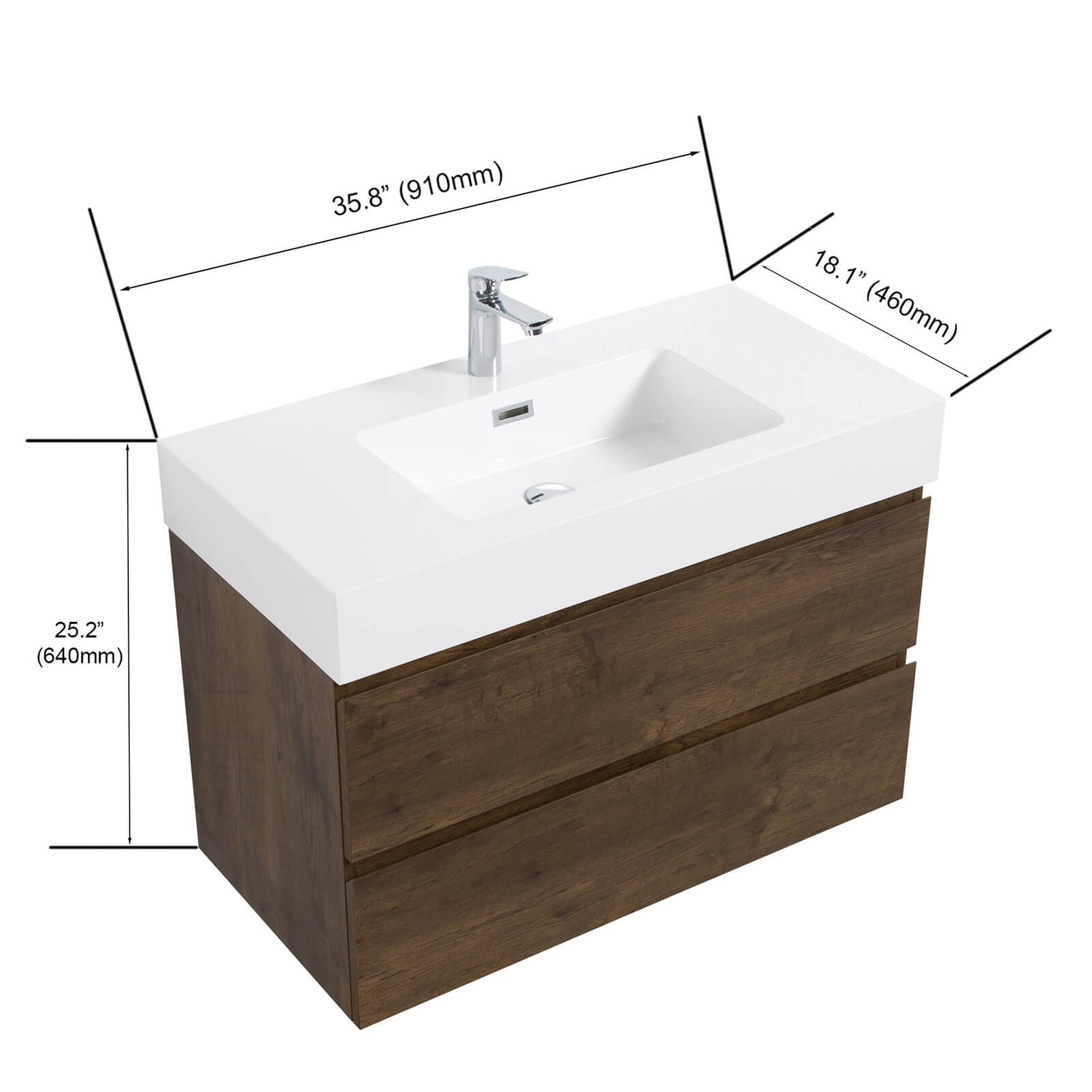 36 in Walnut Vanity with White Single Sink Dimensions Specifications