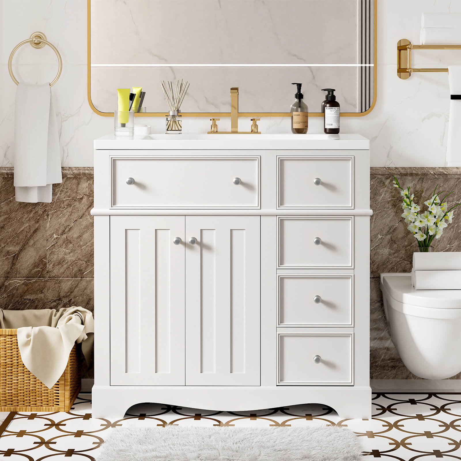 36 in White Bathroom Vanity with Right Side Drawer