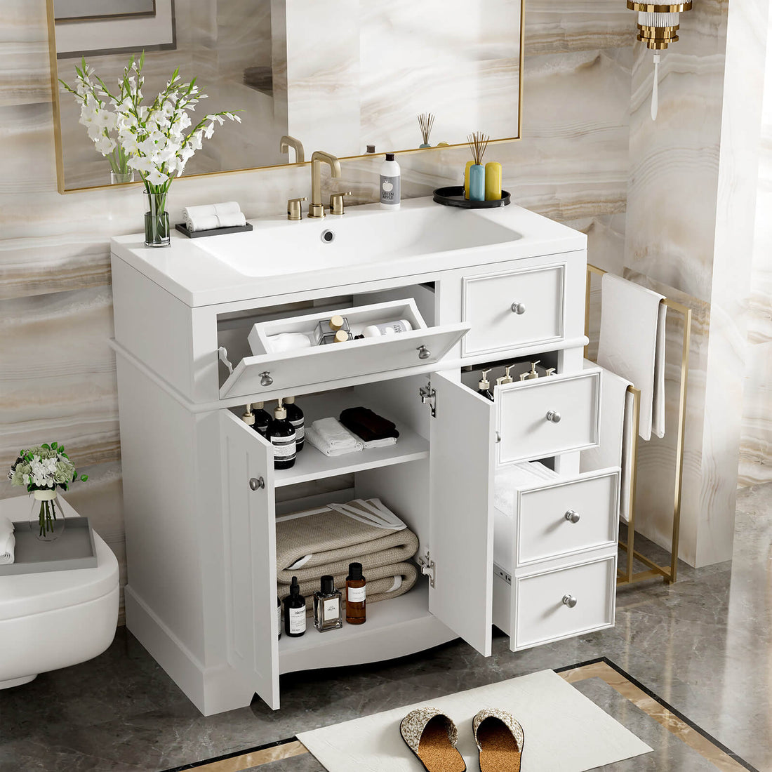 36 in White Freestanding Bathroom Vanity with Right Side Drawer and Undermount Sink