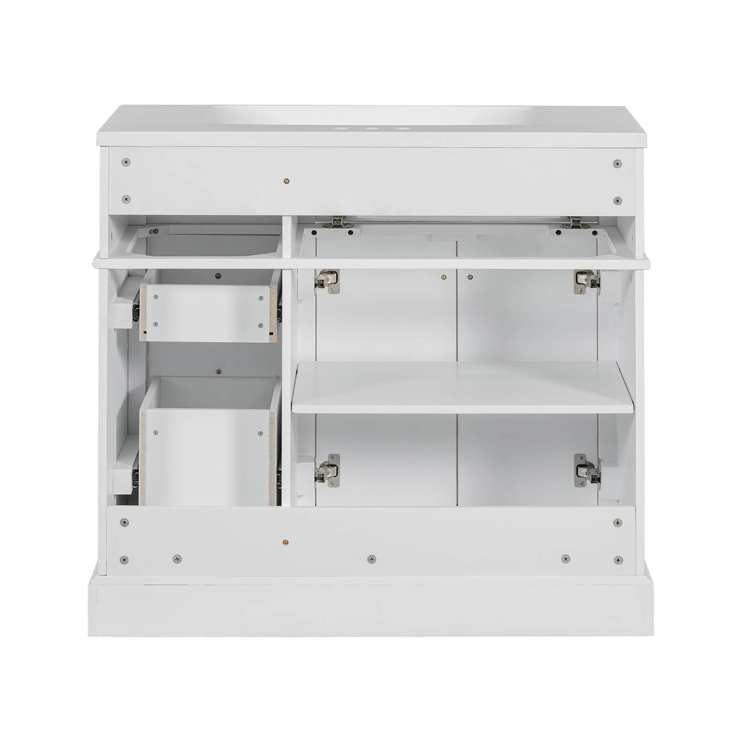 36 in white bathroom vanity with premium stainless steel hinges for durability