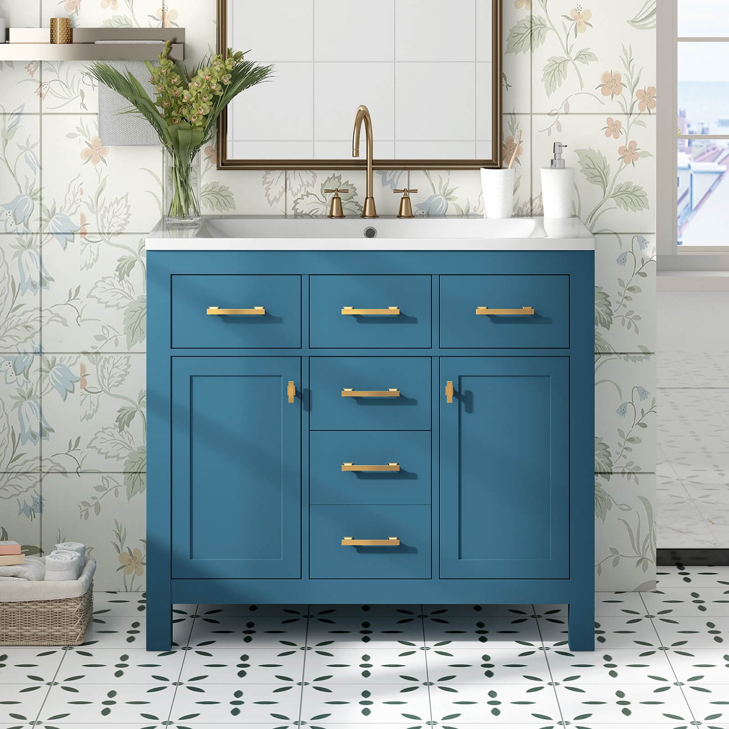 36 inch Blue Bathroom Storage Vanity with 3 Hole Top