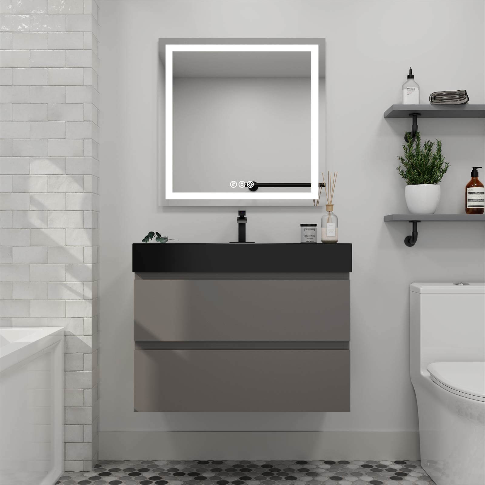 36 inch Gray Bathroom Vanity with Integrated Black Sink Basin